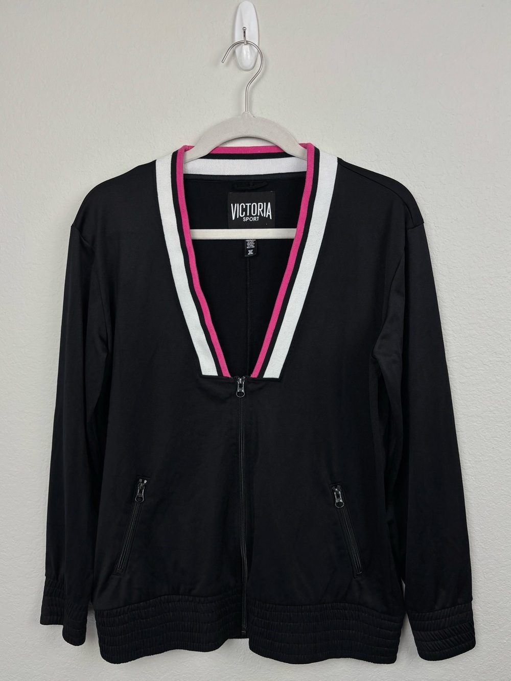 Victoria’s Secret Sport Black Pink V-Neck Zip Track Jacket Size XS Activewear